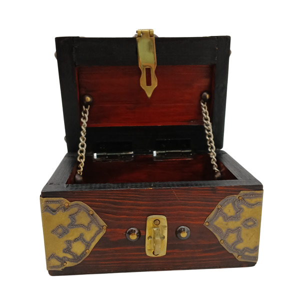 Vintage Wooden Treasure Chest Box with Brass Accents – Jewelry Keepsake Storage - Picture 2 of 12